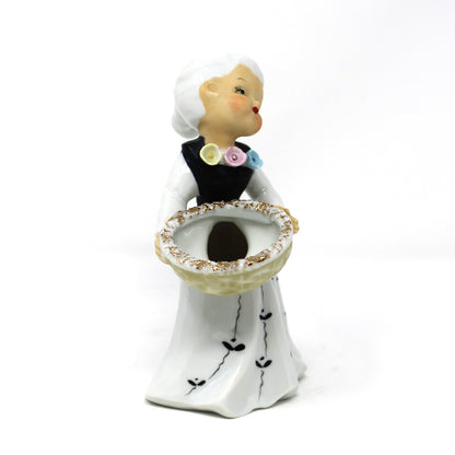 Vase, Wales Japan, Figurine Girl with Basket, Hand Painted Porcelain, Vintage, 1950's