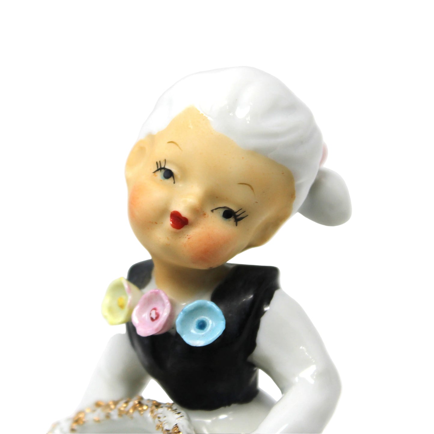 Vase, Wales Japan, Figurine Girl with Basket, Hand Painted Porcelain, Vintage, 1950's