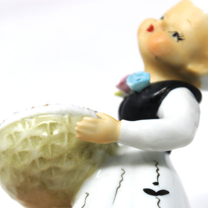 Vase, Wales Japan, Figurine Girl with Basket, Hand Painted Porcelain, Vintage, 1950's