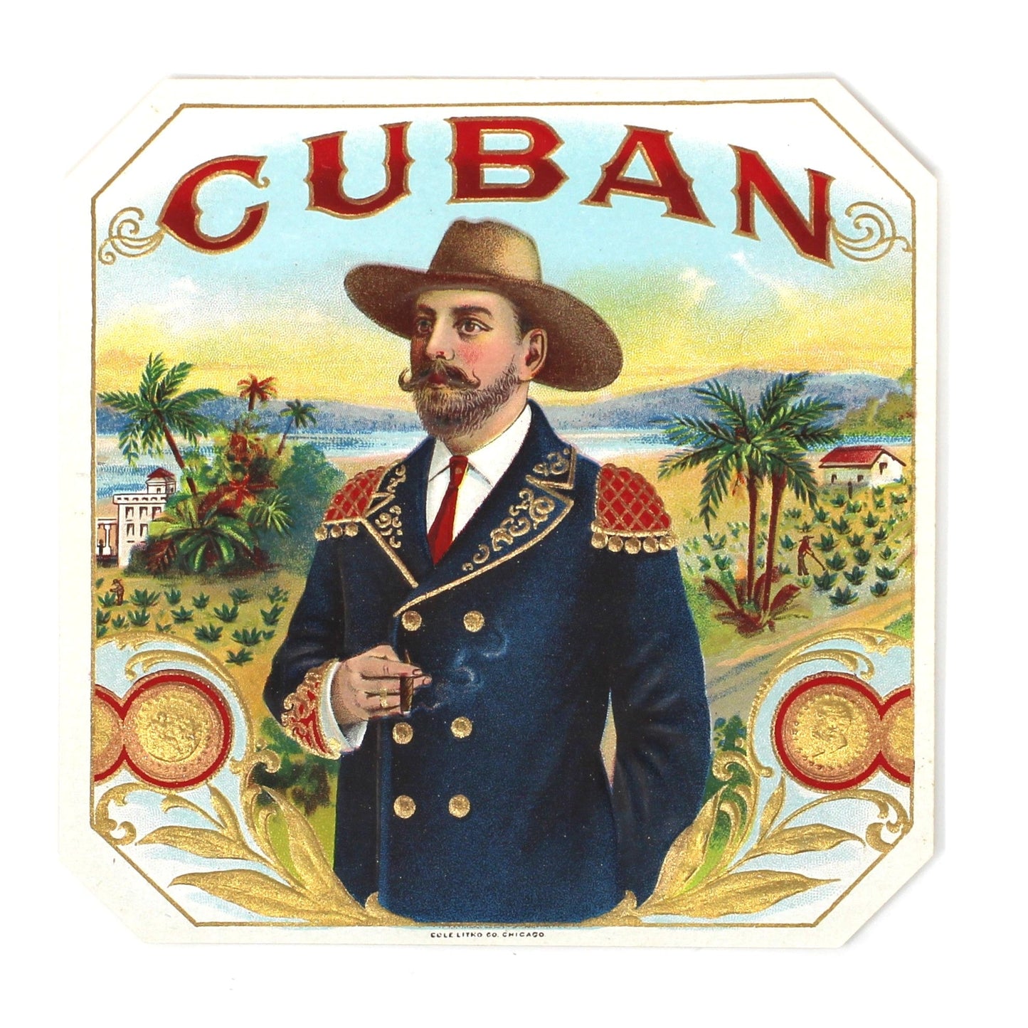 Cigar Box Label, Outer Label, Original Lithograph, Cuban Gentleman at Tobacco Plantation, Gilded / Embossed, NOS, 1900's Antique