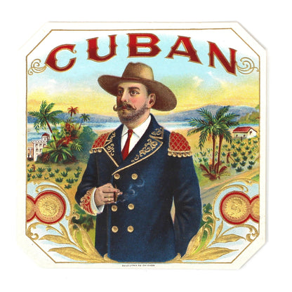 Cigar Box Label, Outer Label, Original Lithograph, Cuban Gentleman at Tobacco Plantation, Gilded / Embossed, NOS, 1900's Antique