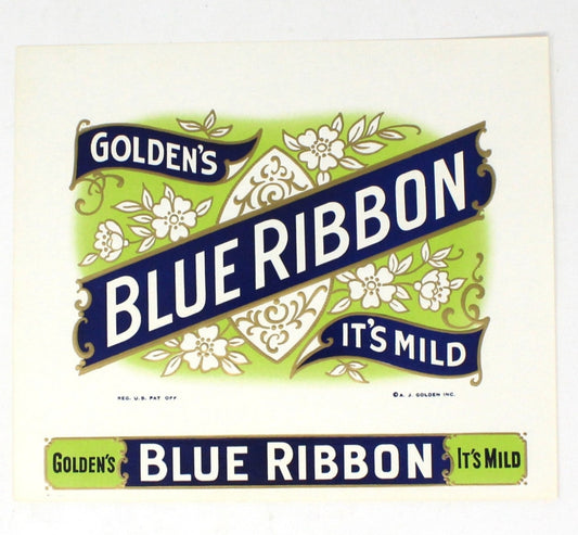 Cigar Box Label, Blue Ribbon, Original Lithograph, NOS, 1900's, Antique