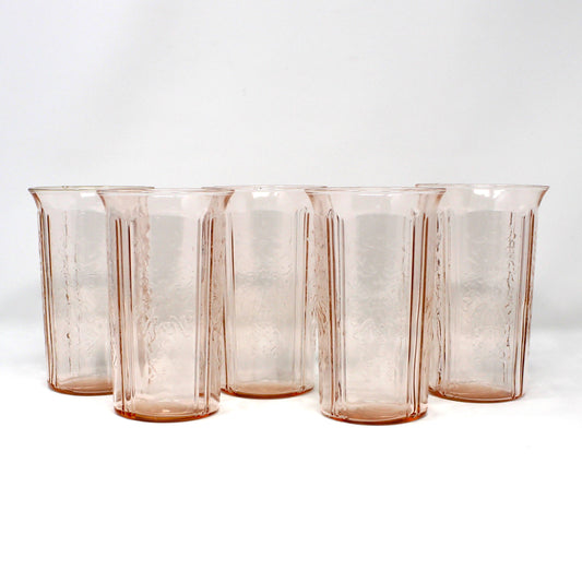 Glasses, Tumbler, MacBeth-Evans, American Sweetheart, Pink Depression Glass, 10oz, Set of 5, Vintage