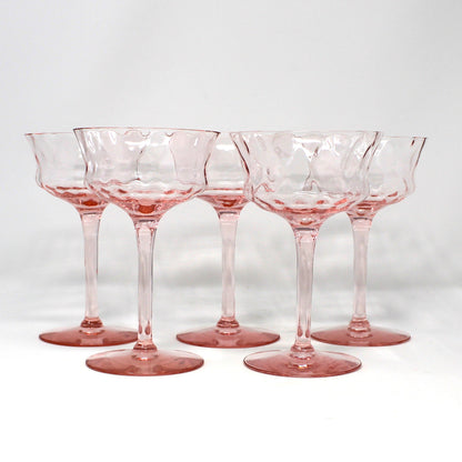 Champagne / Tall Sherbet, Tiffin, 15028 Pink Diamond Optic, Elegant Glass / Depression Glass, Set of 5, Vintage