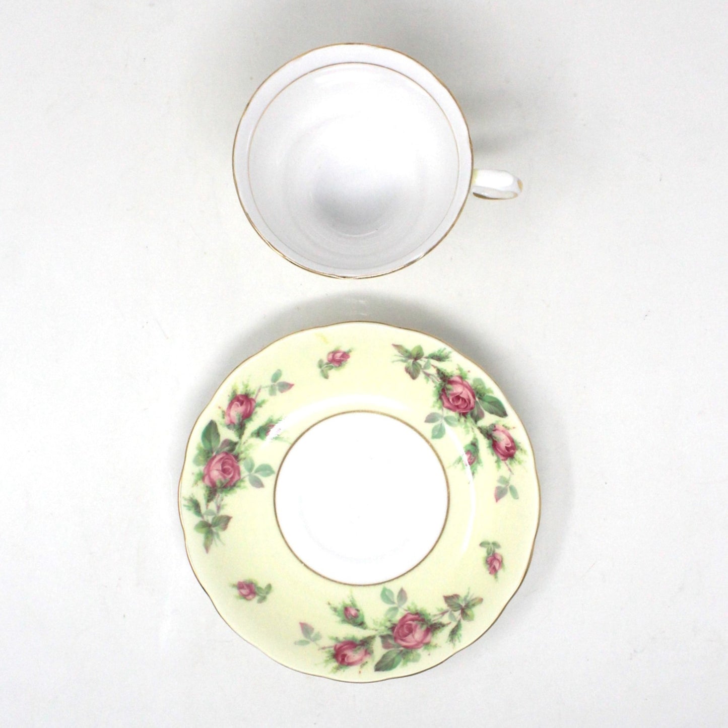 Teacup and Saucer, Crown Essex, Bone China, Pink Roses Light Yellow Band, Vintage