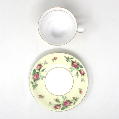 Teacup and Saucer, Crown Essex, Bone China, Pink Roses Light Yellow Band, Vintage
