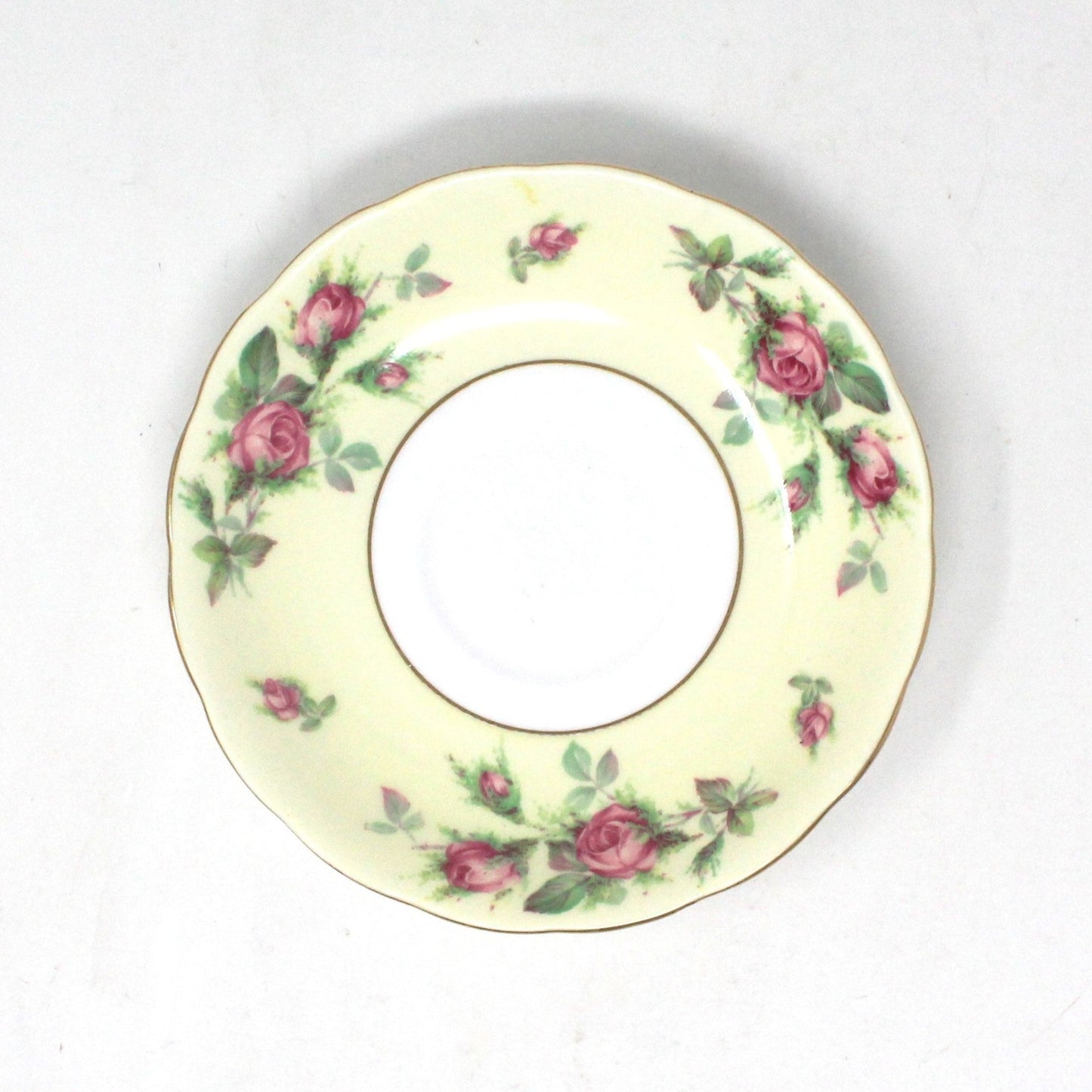 Teacup and Saucer, Crown Essex, Bone China, Pink Roses Light Yellow Band, Vintage