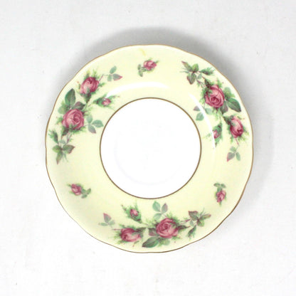 Teacup and Saucer, Crown Essex, Bone China, Pink Roses Light Yellow Band, Vintage