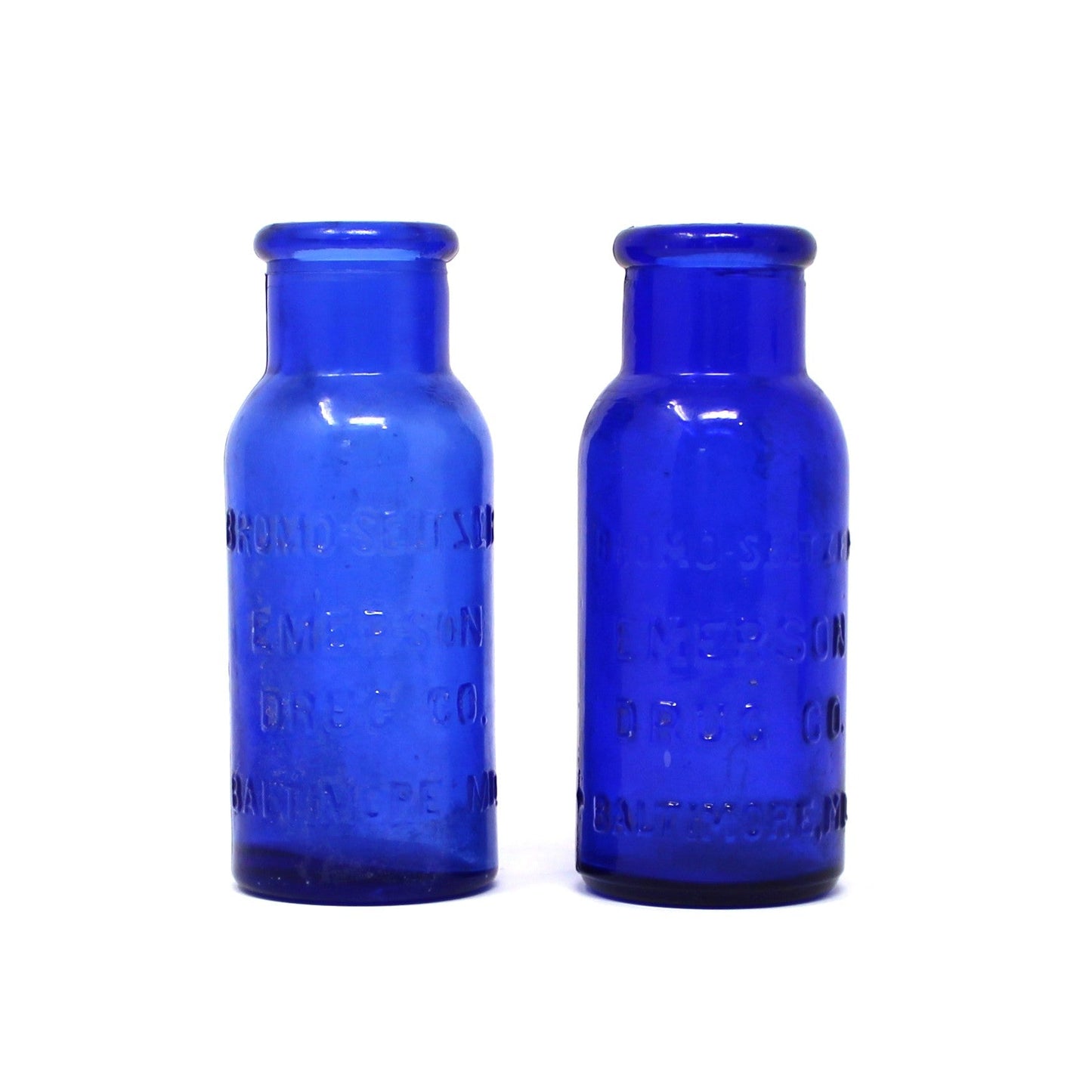 Medicine Bottle, Cobalt Blue Bromo - Seltzer, Emerson, Set of 2, AMB, 4" Antique
