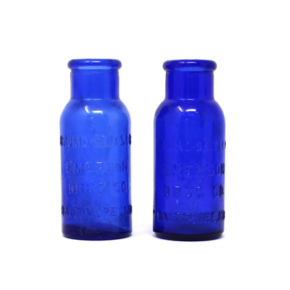 Medicine Bottle, Cobalt Blue Bromo - Seltzer, Emerson, Set of 2, AMB, 4" Antique