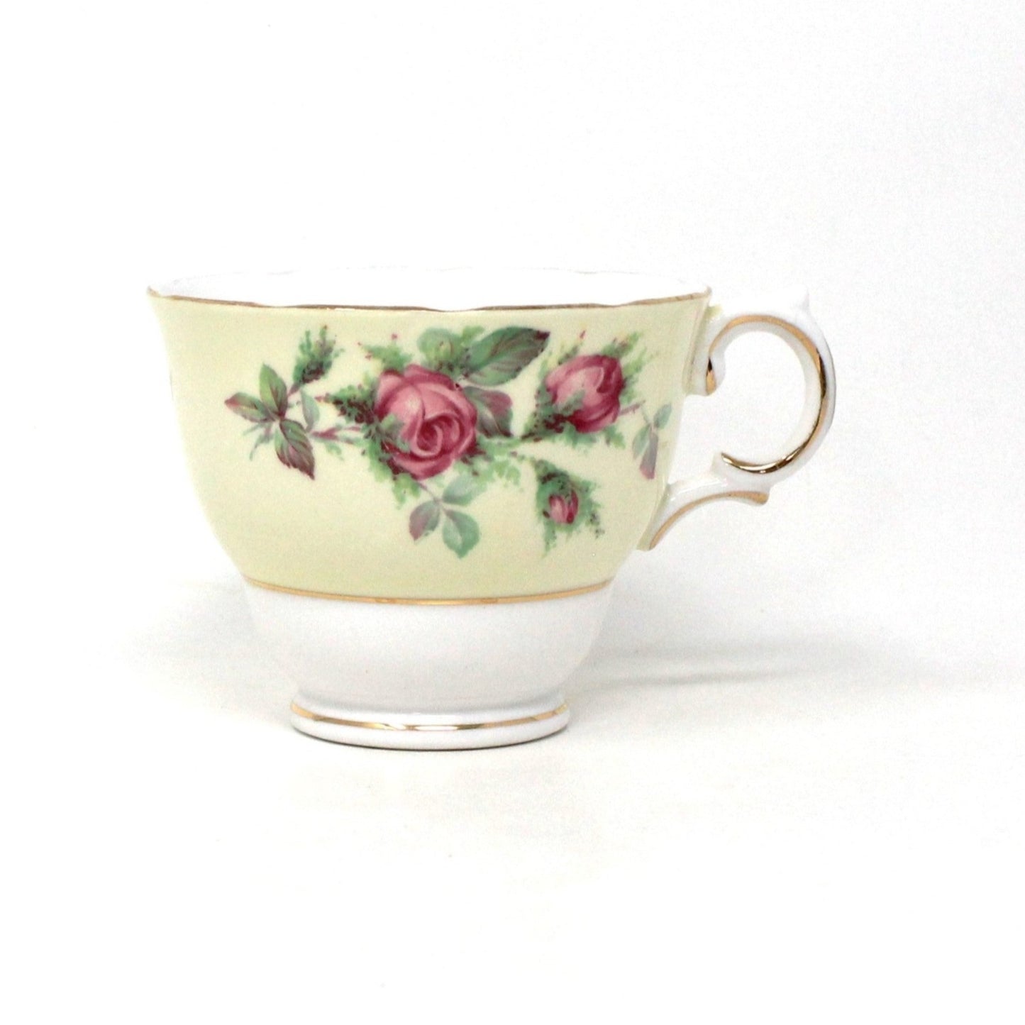 Teacup and Saucer, Crown Essex, Bone China, Pink Roses Light Yellow Band, Vintage