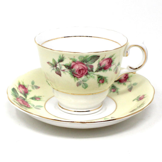 Teacup and Saucer, Crown Essex, 6734 Bone China, Pink Roses on Light Yellow Band, Vintage