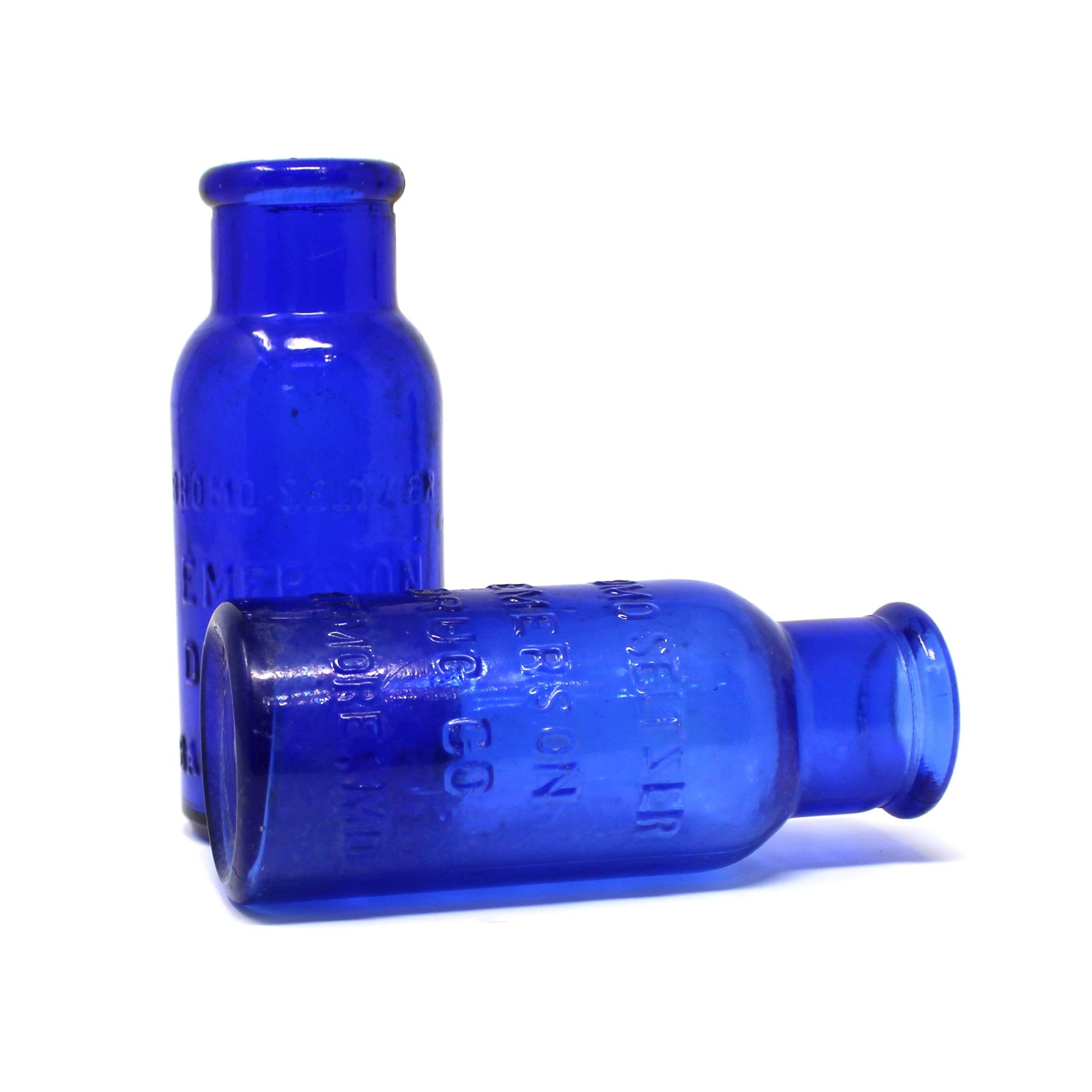 Antique Set of 2 Medicine Bottles Emerson Drug Co Bromo - Seltzer. Cobalt Blue Glass, Apothecary / Pharmaceutical Bottles, Advertising / Memorabilia Collectible
