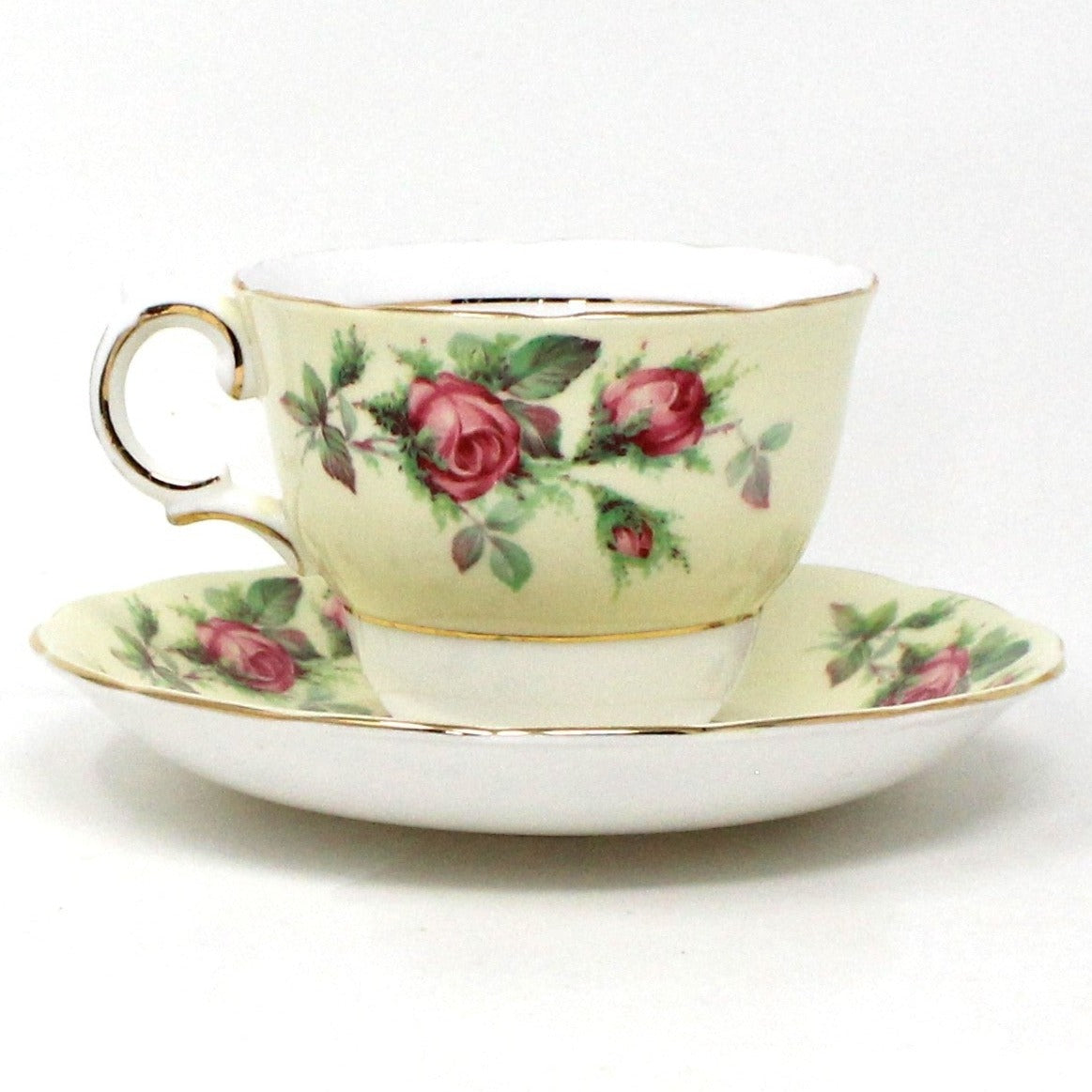 Teacup and Saucer, Crown Essex, Bone China, Pink Roses Light Yellow Band, Vintage