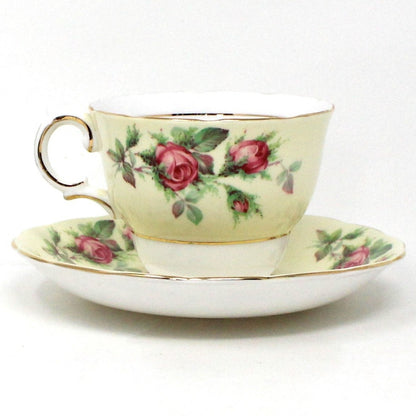 Teacup and Saucer, Crown Essex, Bone China, Pink Roses Light Yellow Band, Vintage