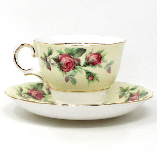 Teacup and Saucer, Crown Essex, Bone China, Pink Roses Light Yellow Band, Vintage