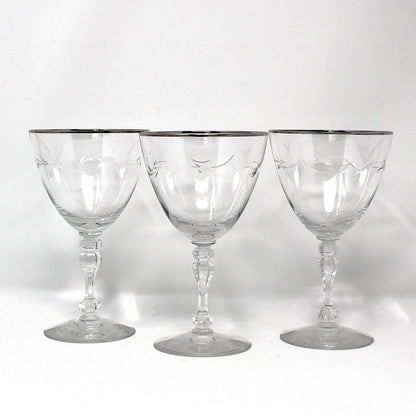 Water Goblets, Tiffin, Lyndley Platinum Trim, Cut Leaves, Faceted Stem 17646, Blown Glass, Set of 3, Vintage