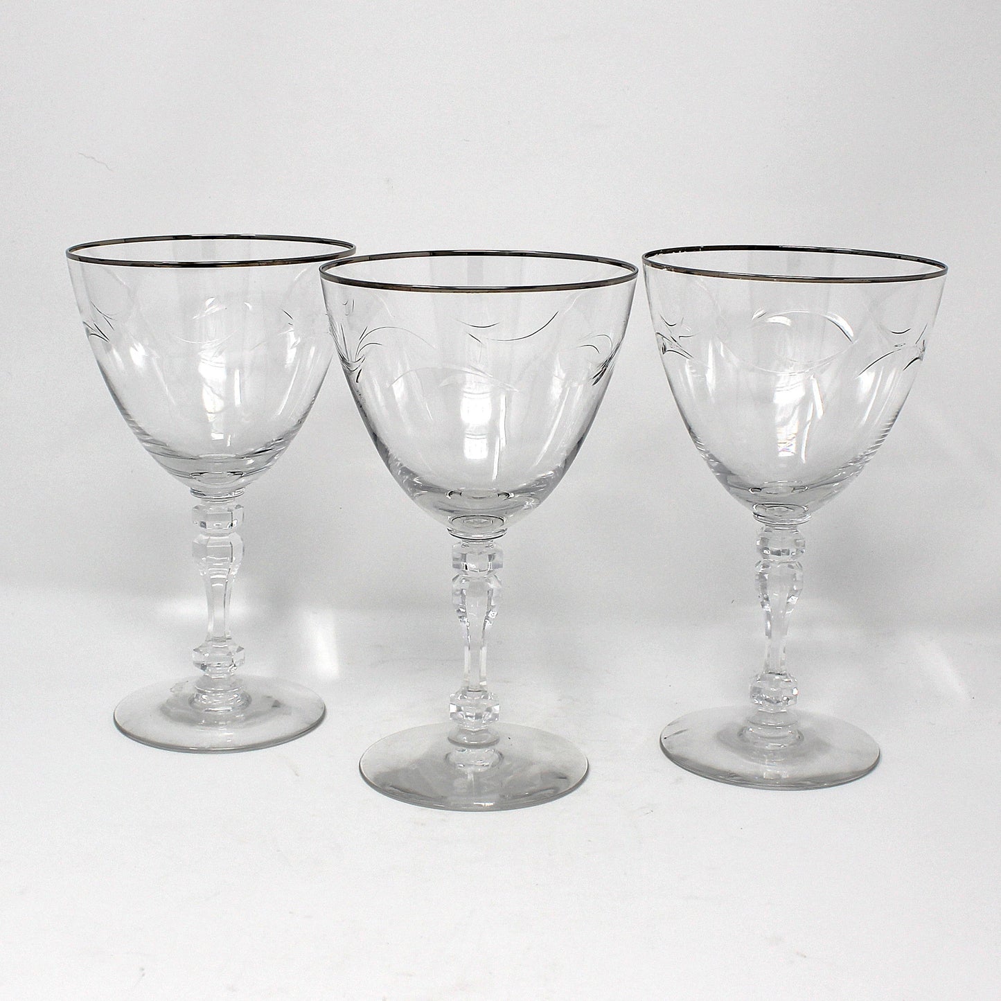 Water Goblets, Tiffin, Lyndley Platinum Trim, Cut Leaves, Faceted Stem 17646, Blown Glass, Set of 3, Vintage