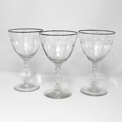 Water Goblets, Tiffin, Lyndley Platinum Trim, Cut Leaves, Faceted Stem 17646, Blown Glass, Set of 3, Vintage