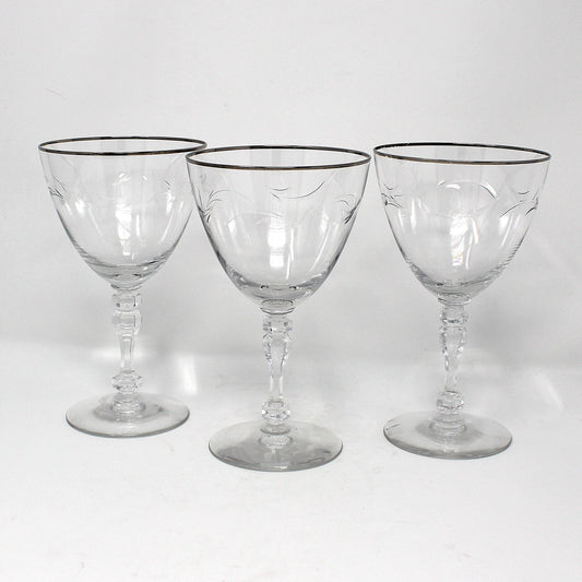 Set of 3 Vintage blown glass goblets. Lyndley Pattern from Tiffin Franciscan with Platinum Rims. Faceted Stem #17646, Barware, Stemware, Drinkware