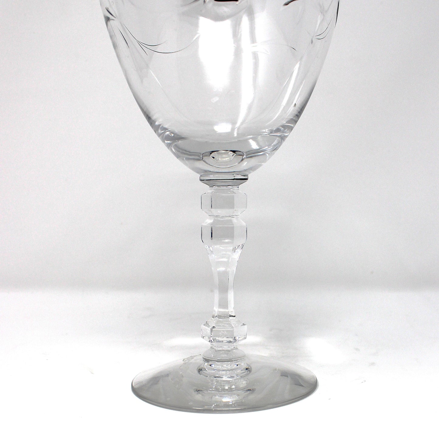 Water Goblets, Tiffin, Lyndley Platinum Trim, Cut Leaves, Faceted Stem 17646, Blown Glass, Set of 3, Vintage