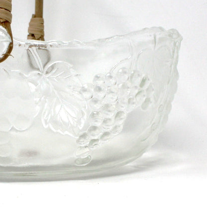 Basket, Vetreria Etrusca, Embossed Grapes Glass Basket with Bamboo Handle, Vintage Italy