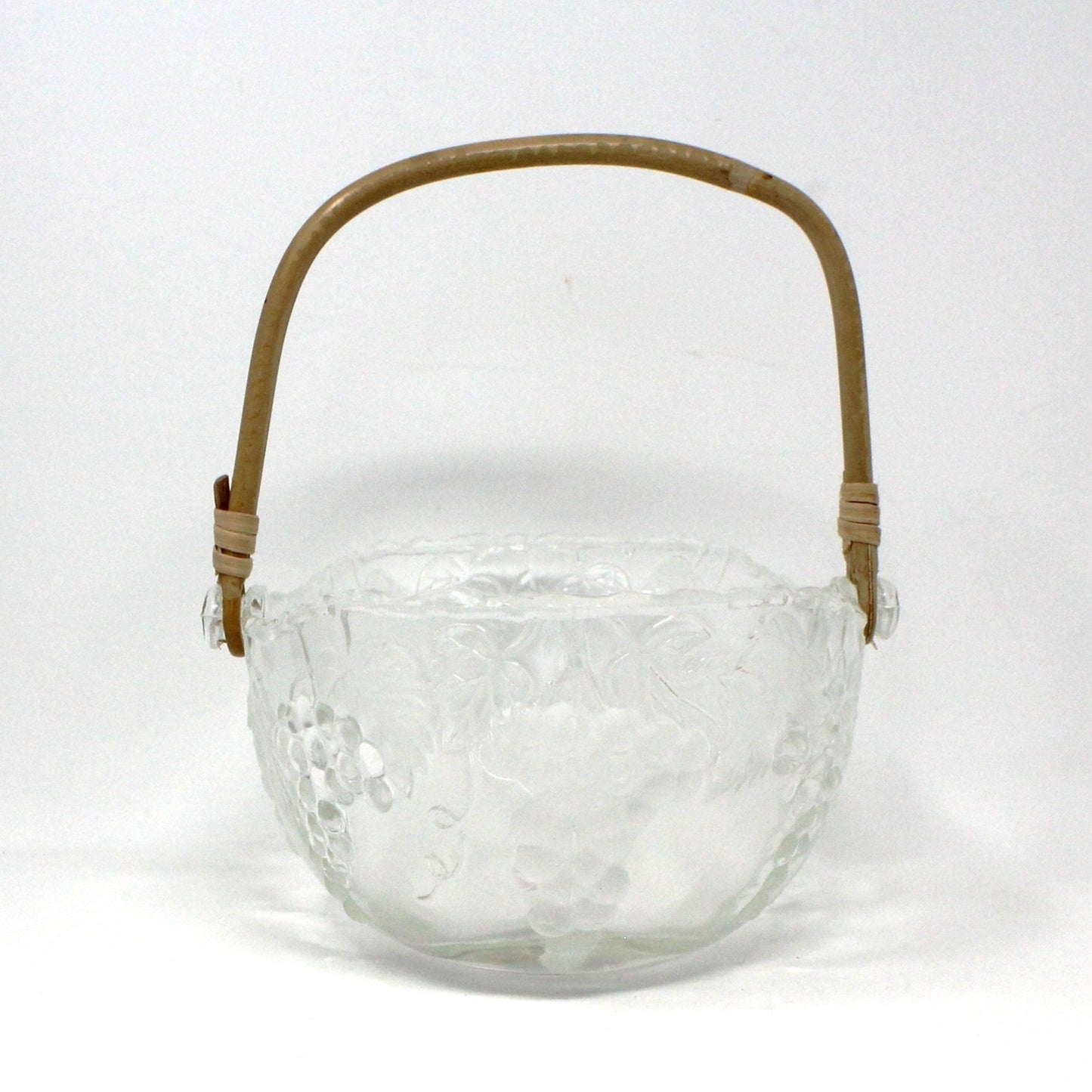 Basket, Vetreria Etrusca, Embossed Grapes Glass Basket with Bamboo Handle, Vintage Italy