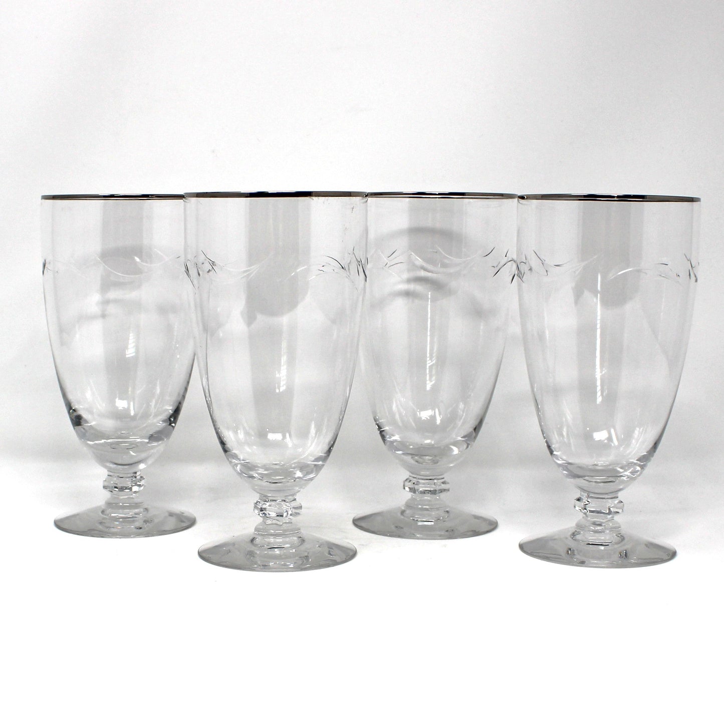 Iced Tea / Goblets, Tiffin, Lyndley Platinum Trim, Cut Leaves, Faceted Stem, Blown Glass, Set of 4, Vintage