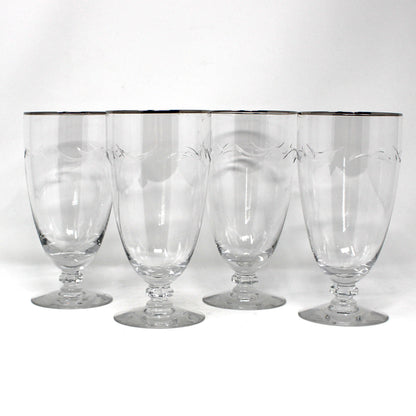 Iced Tea / Goblets, Tiffin, Lyndley Platinum Trim, Cut Leaves, Faceted Stem, Blown Glass, Set of 4, Vintage