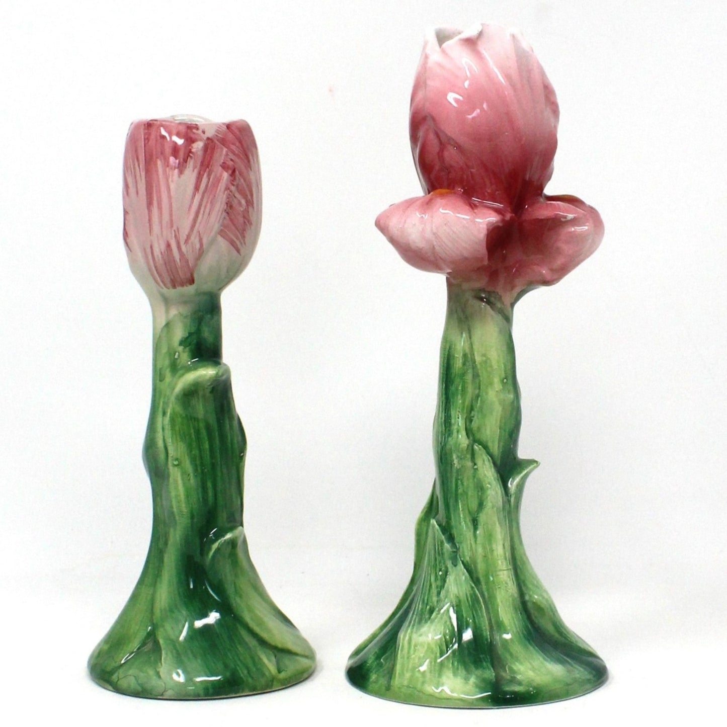 Candle Holders, Pink Iris & Pink Tulip, Hand Painted Ceramic, Italian Majolica