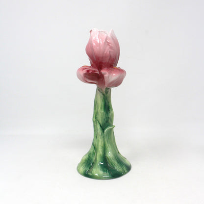 Candle Holders, Pink Iris & Pink Tulip, Hand Painted Ceramic, Italian Majolica