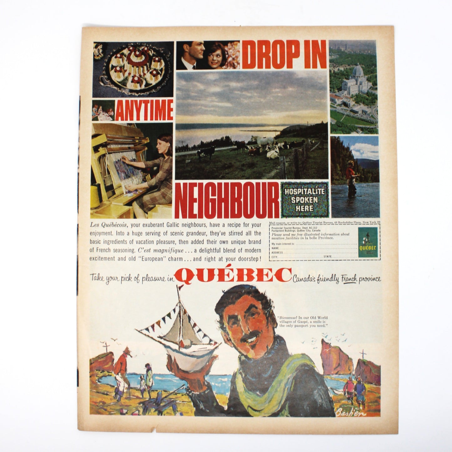 Vintage-style advertisement poster for Quebec with scenic illustrations and text.