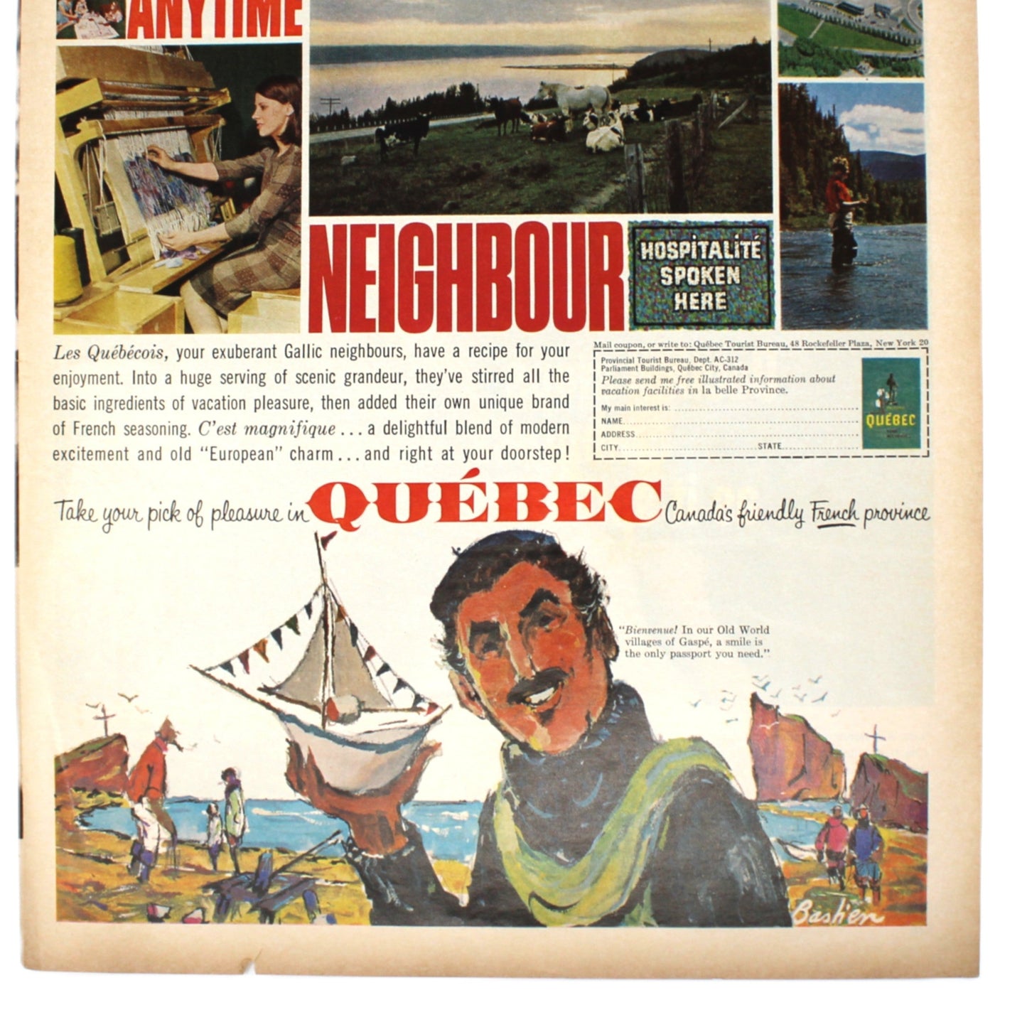 Advertisement, Quebec Canada Tourism, 1963, Original Magazine Ad, Vintage