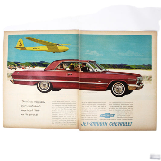 Advertisement, Chevrolet Impala Sport Coupe, "No Smoother Way to Get There" Sailplane Illustration, Two-Page Spread, Original Magazine Ad, USA, 1963