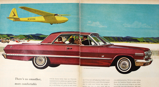 Advertisement, Chevrolet Impala Sport Coupe, "No Smoother Way to Get There" Sailplane Illustration, Two-Page Spread, Original Magazine Ad, USA, 1963
