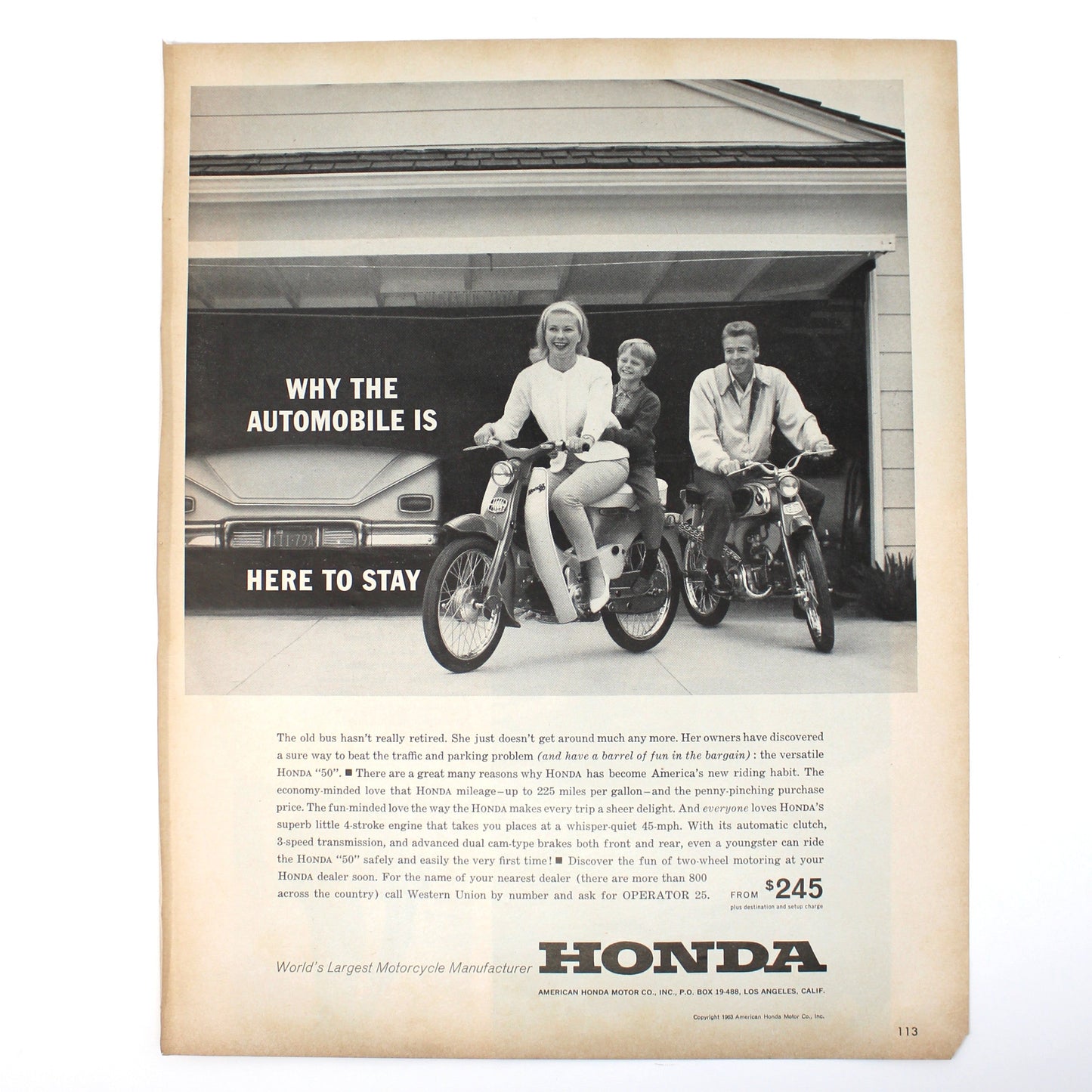 Advertisement, Honda Cub 50 Motorcycle, Family Transportation Original Black & White, Original Magazine Ad, USA, 1963