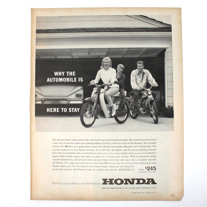 Advertisement, Honda Cub 50 Motorcycle, Family Transportation Original Black & White, Original Magazine Ad, USA, 1963