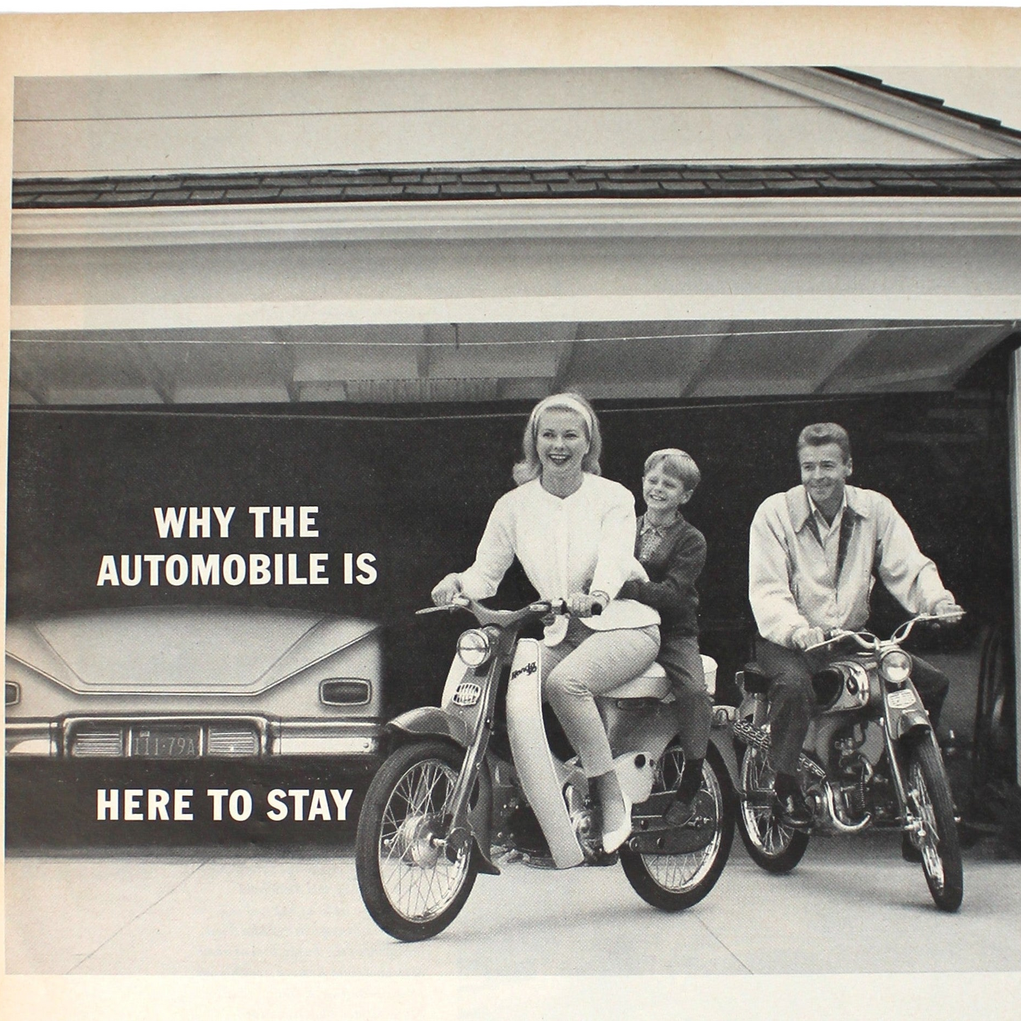 Advertisement, Honda Cub 50 Motorcycle, Family Transportation Original Black & White, Original Magazine Ad, USA, 1963