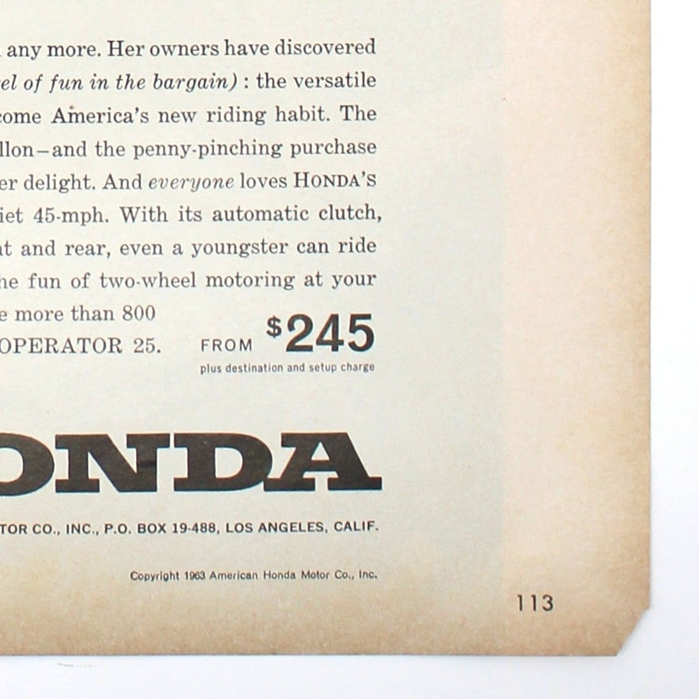 Advertisement, Honda Cub 50 Motorcycle, Family Transportation Original Black & White, Original Magazine Ad, USA, 1963