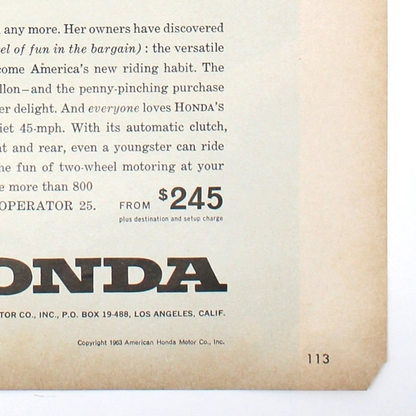Advertisement, Honda Cub 50 Motorcycle, Family Transportation Original Black & White, Original Magazine Ad, USA, 1963
