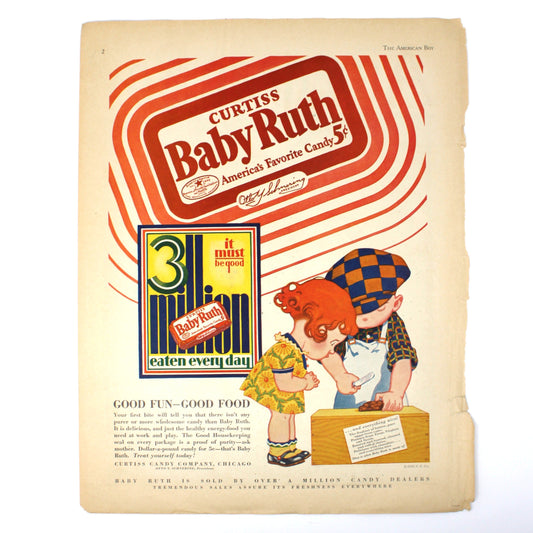 Vintage advertisement for Curtiss Baby Ruth candy bar with children and packaging illustration.