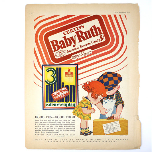 Vintage 1928 advertisement for Curtiss Baby Ruth candy featuring two children and the product packaging.