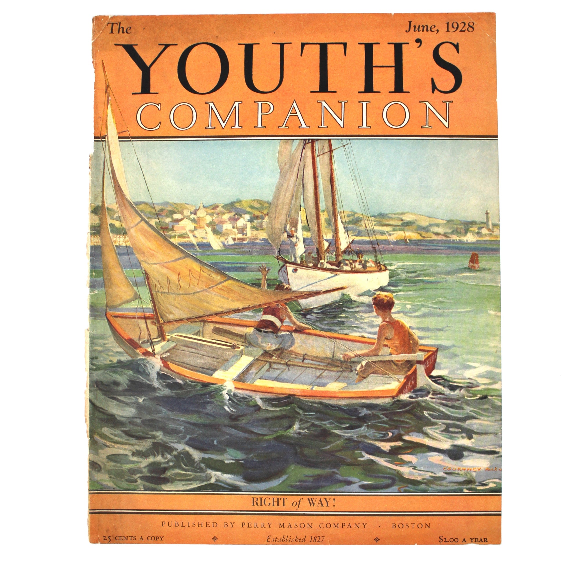 Cover of 'The Youth's Companion' magazine from June 1928 featuring boys in sailboats on water.