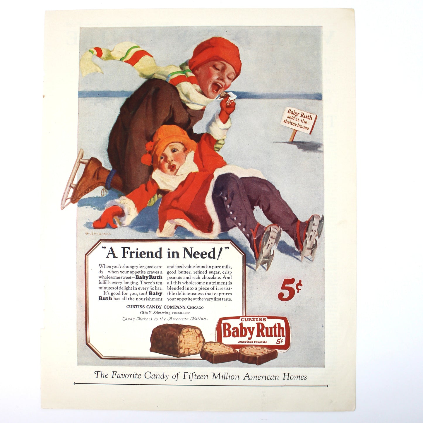 Vintage advertisement for Baby Ruth candy featuring two children ice skating. Very large, original.