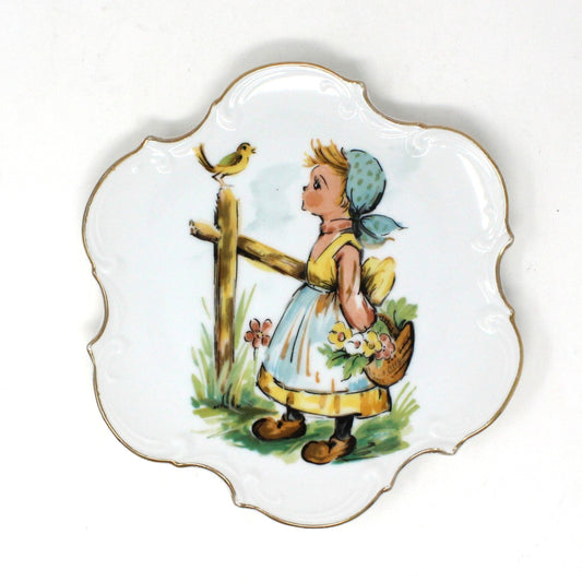 Decorative Plate, Hand Painted Hummel Style Girl in Blue Headscarf, Vintage