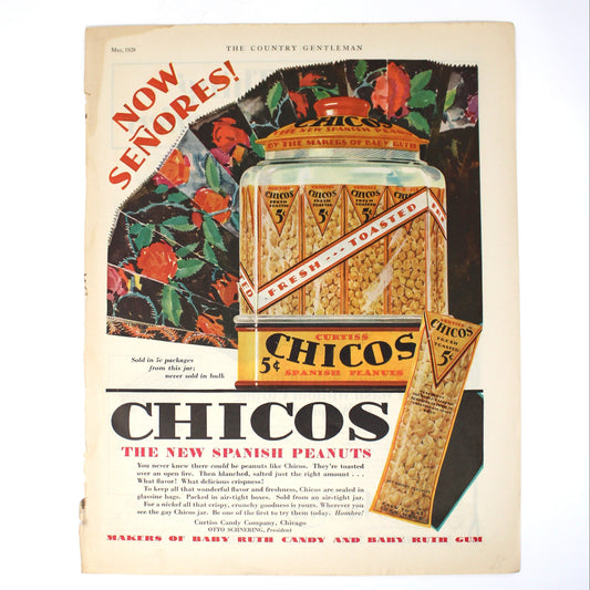 Advertisement, Double-Sided, CHICOS Spanish Peanuts / Nu-Way Suspenders RARE, 1929, Original, Vintage
