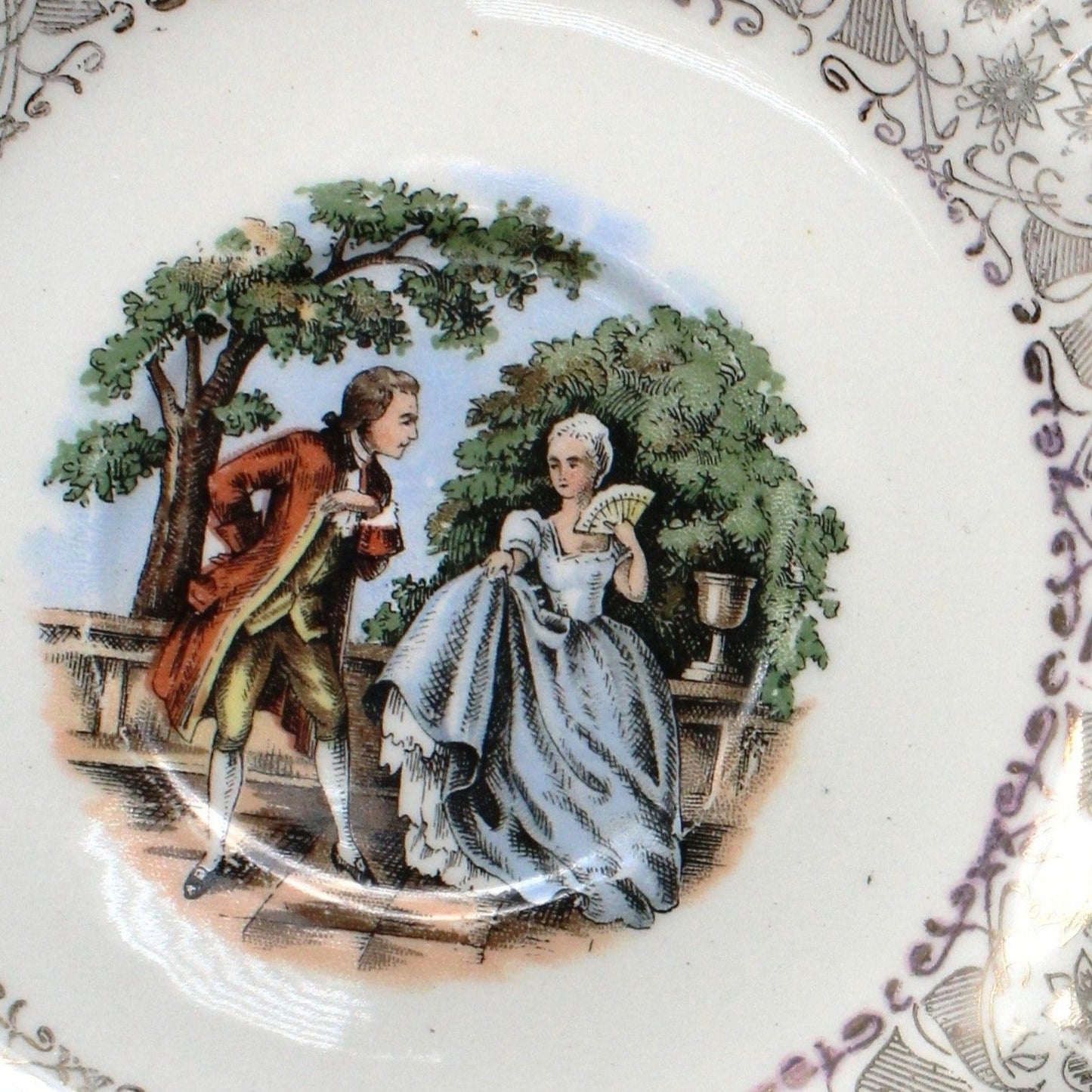 Saucers, Fragonard Courting Couple, Gold Filigree, Vintage USA