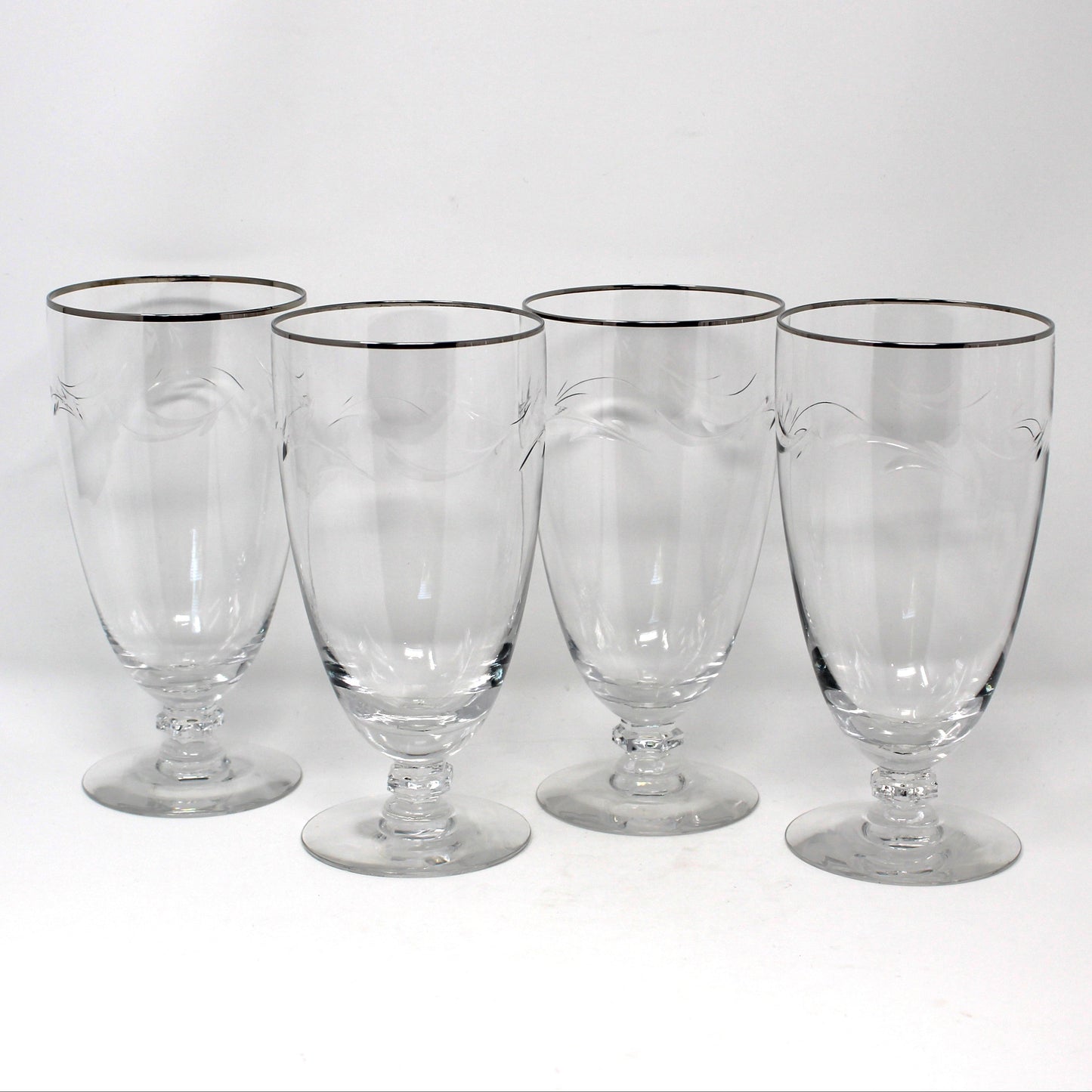 Iced Tea / Goblets, Tiffin, Lyndley Platinum Trim, Cut Leaves, Faceted Stem, Blown Glass, Set of 4, Vintage