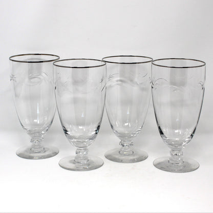 Iced Tea / Goblets, Tiffin, Lyndley Platinum Trim, Cut Leaves, Faceted Stem, Blown Glass, Set of 4, Vintage