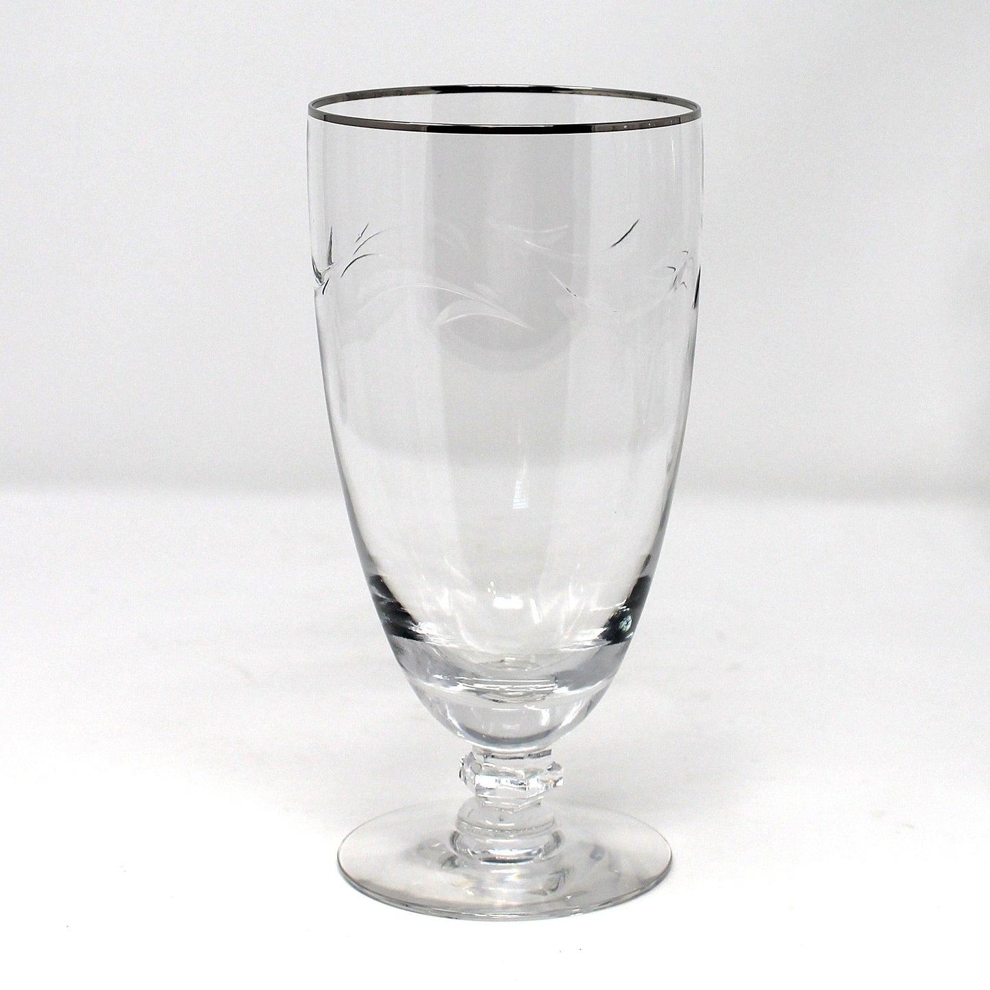 Iced Tea / Goblets, Tiffin, Lyndley Platinum Trim, Cut Leaves, Faceted Stem, Blown Glass, Set of 4, Vintage
